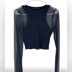 NWOT- Zara Black Mesh Sleeve ribbed cropped Sweater